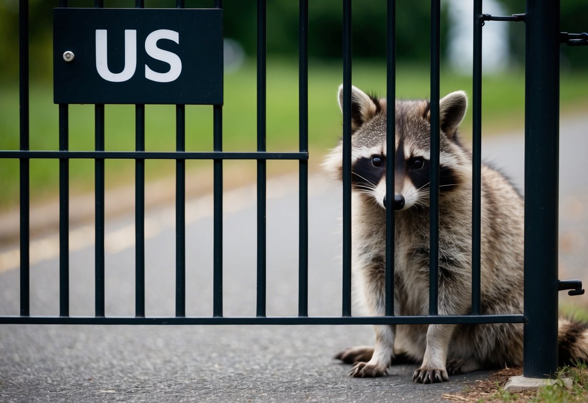 A raccoon dog sits outside a barred gate labeled "US." Its sad eyes reflect the ban on its species in the country