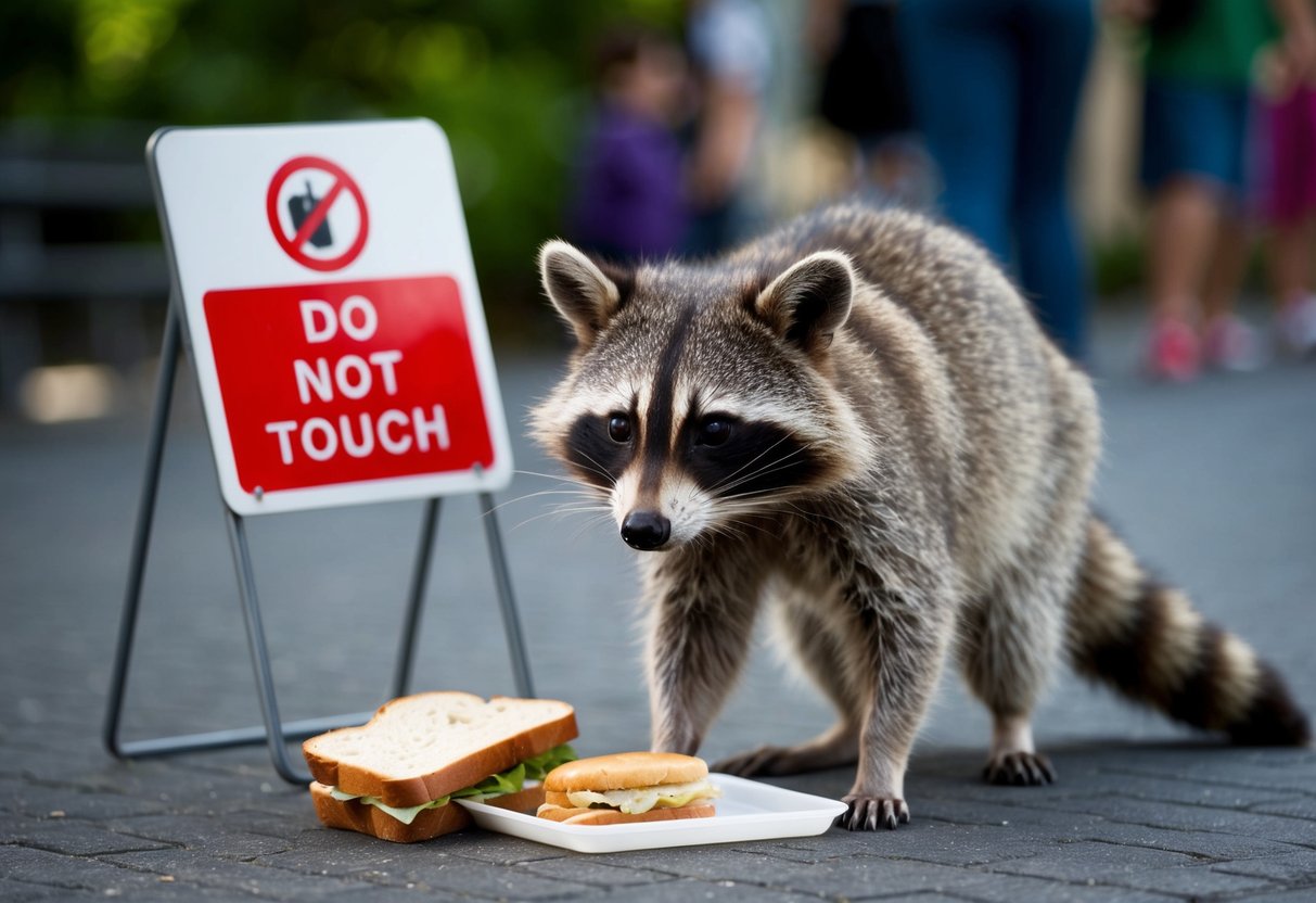 A raccoon cautiously sniffs a discarded sandwich, its masked face alert and curious. A "Do Not Touch" sign warns visitors to keep their distance