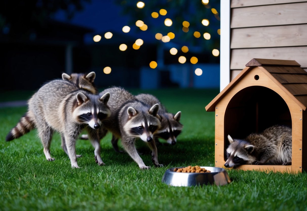 A group of raccoons sneaking into a backyard at night, drawn to a dog's food bowl left outside. The dog is asleep in its doghouse