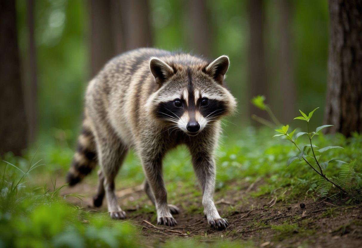A raccoon dog prowls through a forest, disrupting the natural ecosystem by preying on native species and spreading diseases