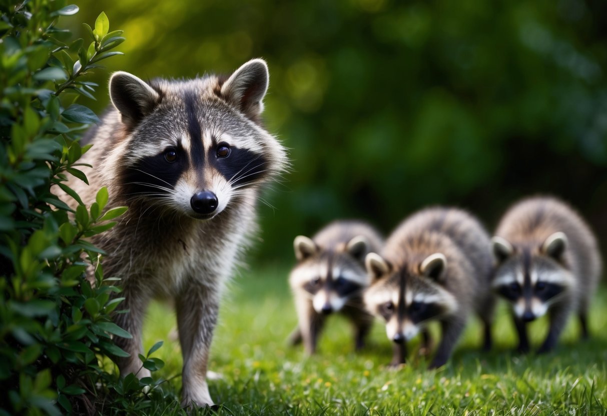 A raccoon dog peers curiously from behind a bush, while a family of raccoons forages nearby