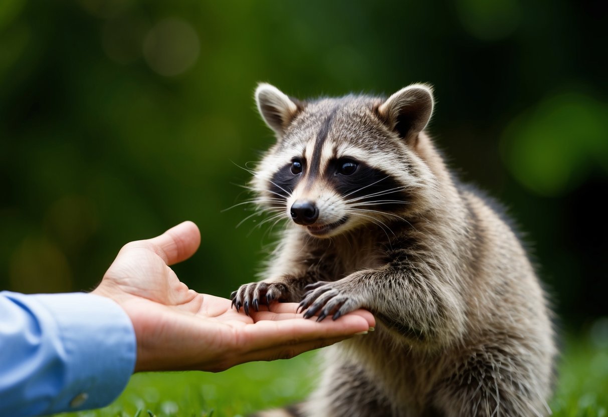 A raccoon recoiling from a human hand, with a cautious and wary expression