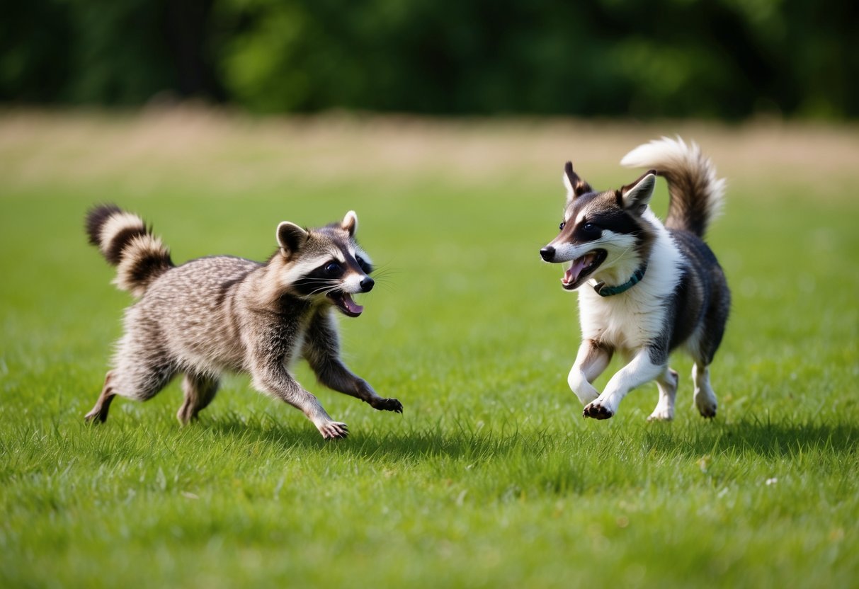 A raccoon and dog playfully chase each other through a grassy field, their tails wagging and their eyes bright with excitement