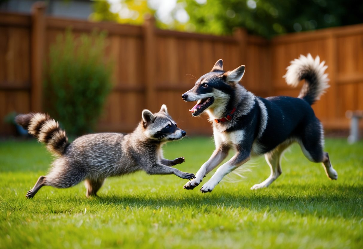 A raccoon and a dog playfully chase each other around a backyard, their tails wagging and their eyes bright with excitement