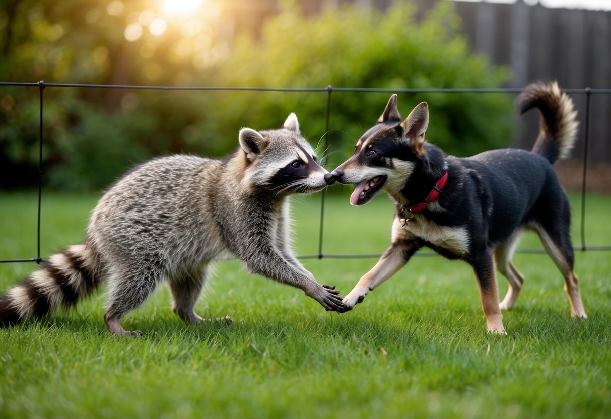 A raccoon and a dog playfully interact in a grassy backyard, with a fence separating them for safety