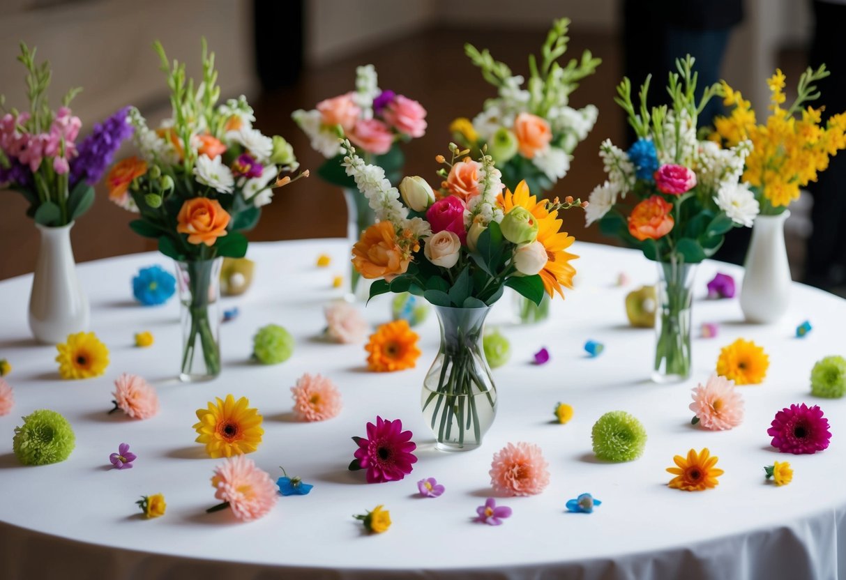 A table adorned with artificial flowers in various colors and types, arranged in vases and scattered across the surface