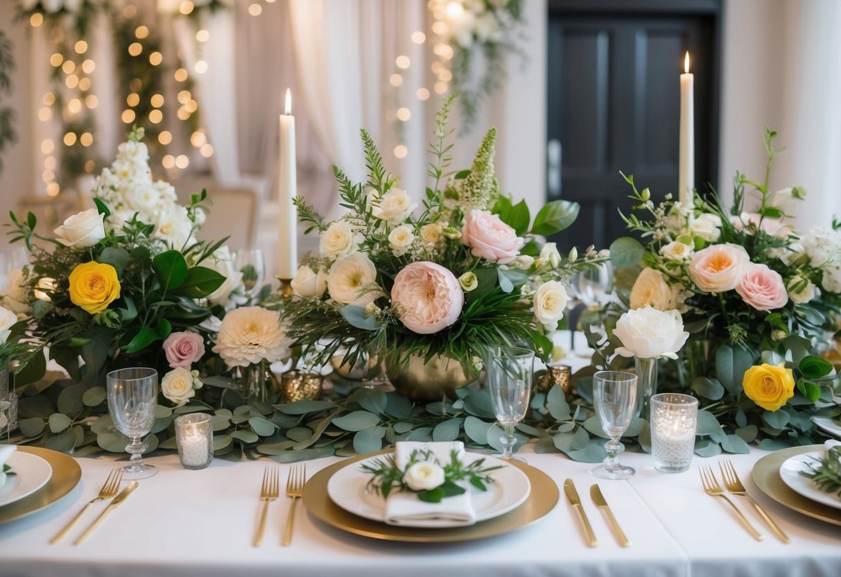 A table set with a variety of flower arrangements, some real and some fake, surrounded by wedding decor and accessories