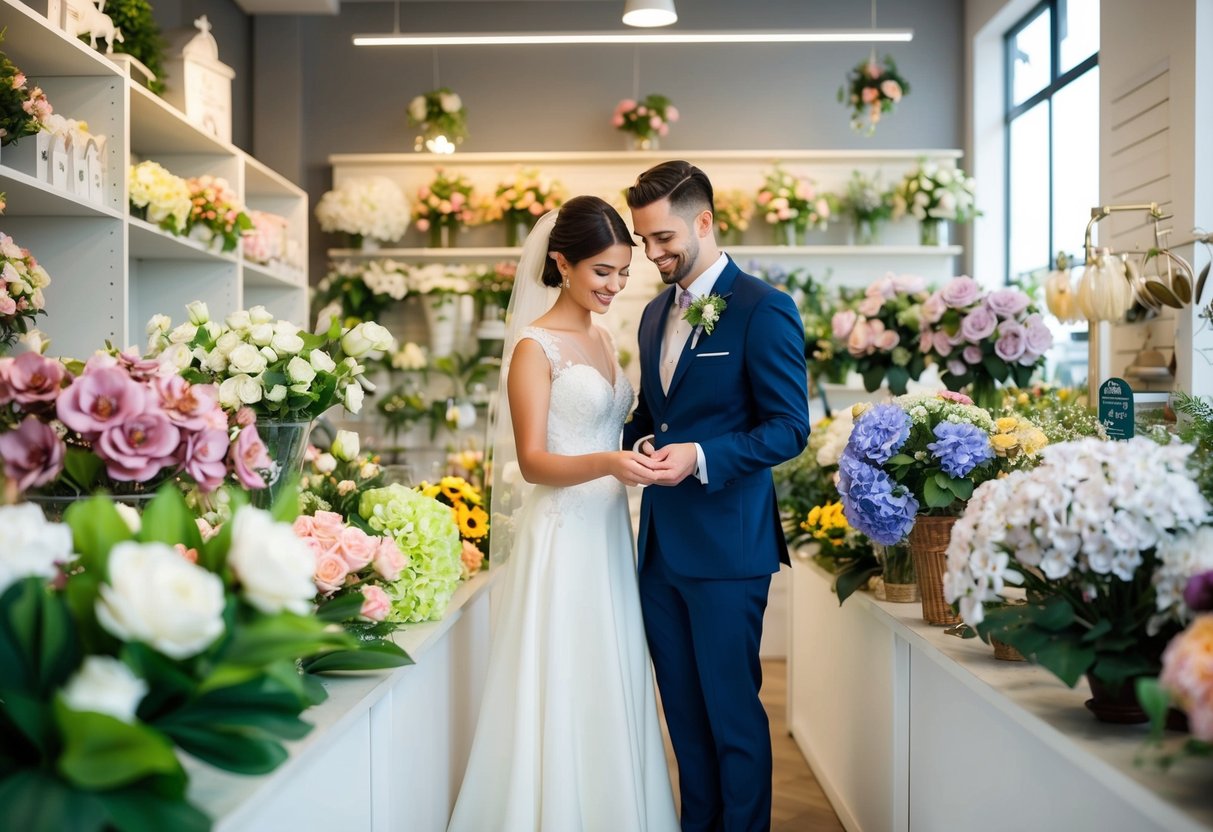 A bride and groom stand in a flower shop, carefully selecting various fake flowers for different aspects of their wedding