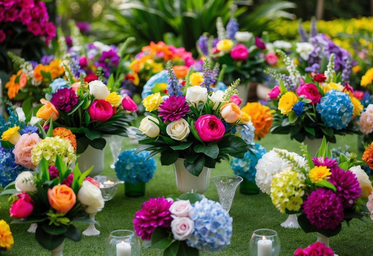 A lush garden filled with vibrant, artificial flowers in various shades and sizes, arranged in elegant bouquets and centerpieces for a wedding celebration