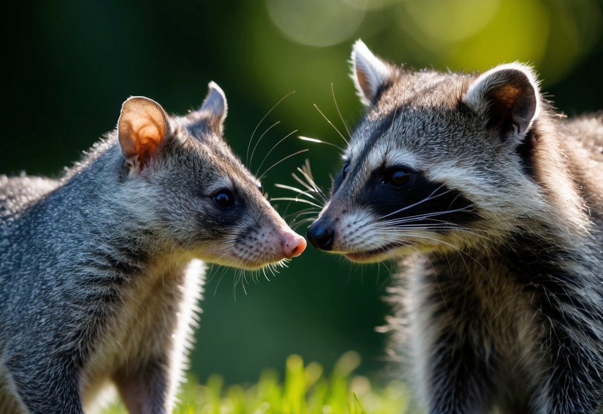 A possum and a raccoon face each other, their distinctive features clearly visible. The possum has a pointed snout and hairless tail, while the raccoon has a masked face and ringed tail