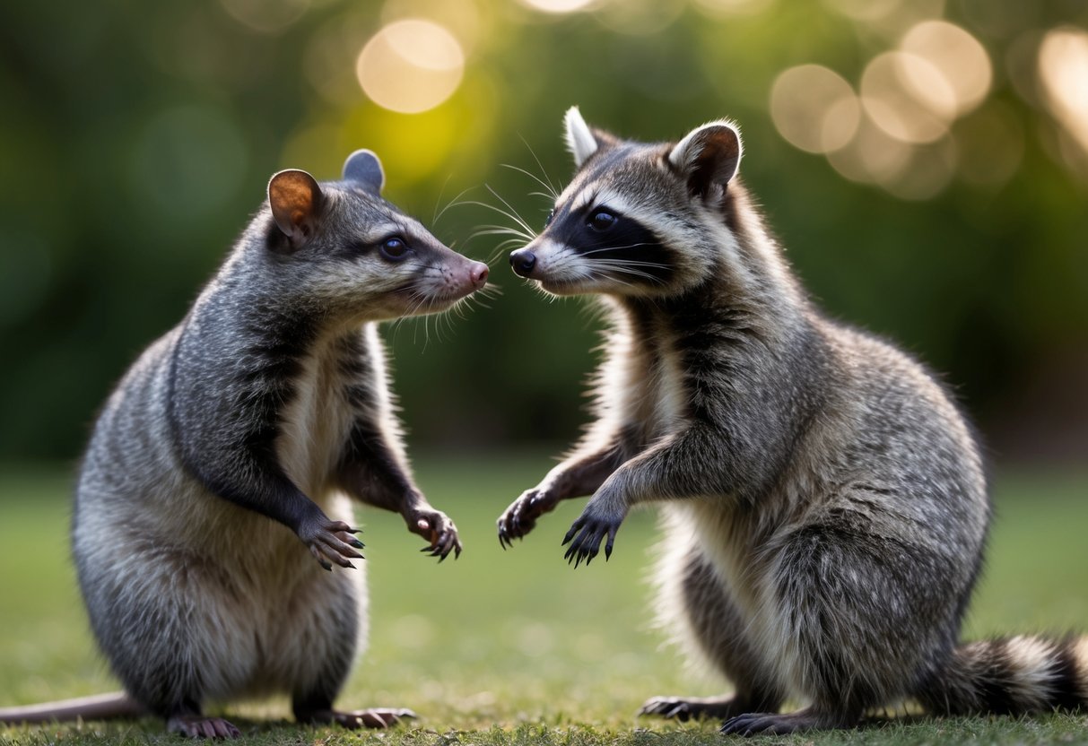 A possum and a raccoon standing side by side, looking at each other with inquisitive expressions