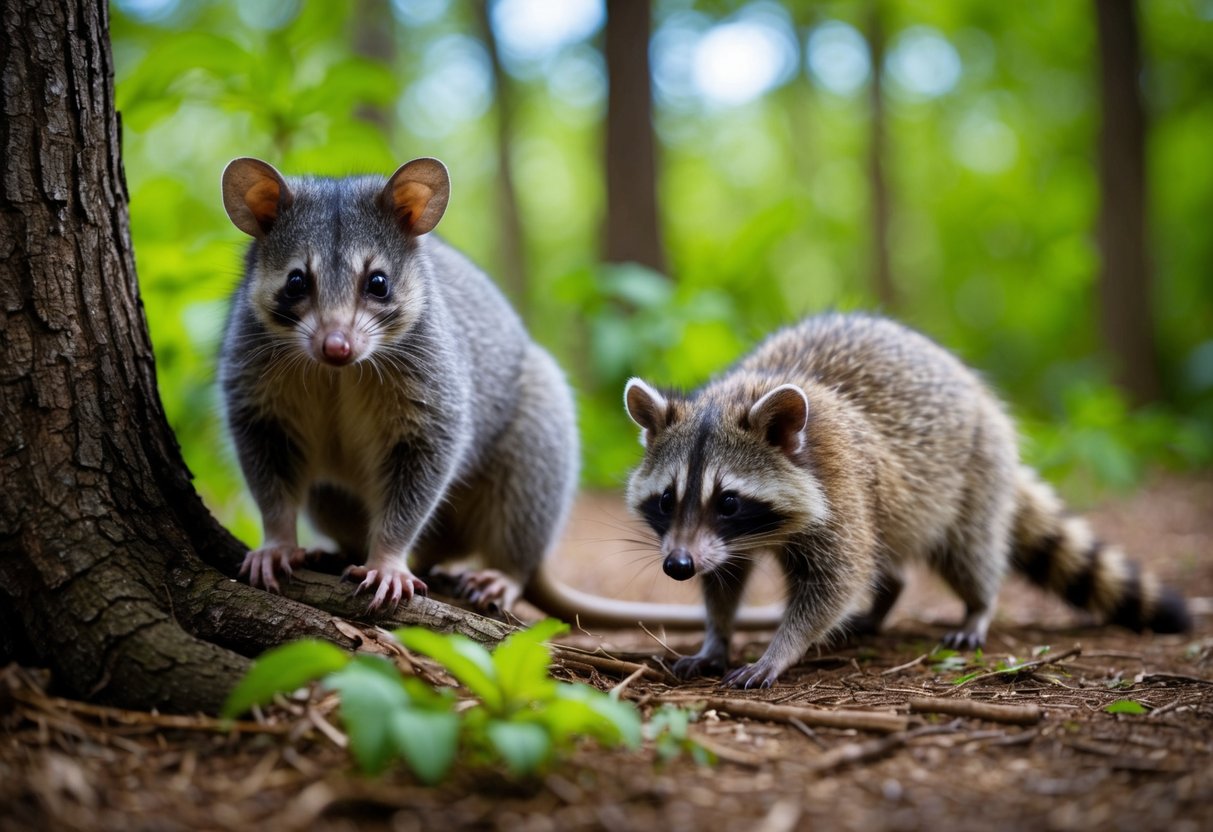 A possum and a raccoon are shown in their natural habitats, with the possum in a tree and the raccoon foraging on the forest floor