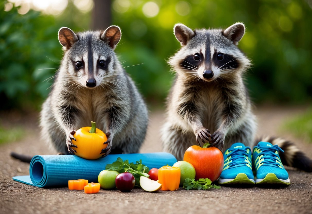 A possum and a raccoon sit side by side, surrounded by healthy fruits and vegetables. The possum holds a yoga mat while the raccoon wears running shoes