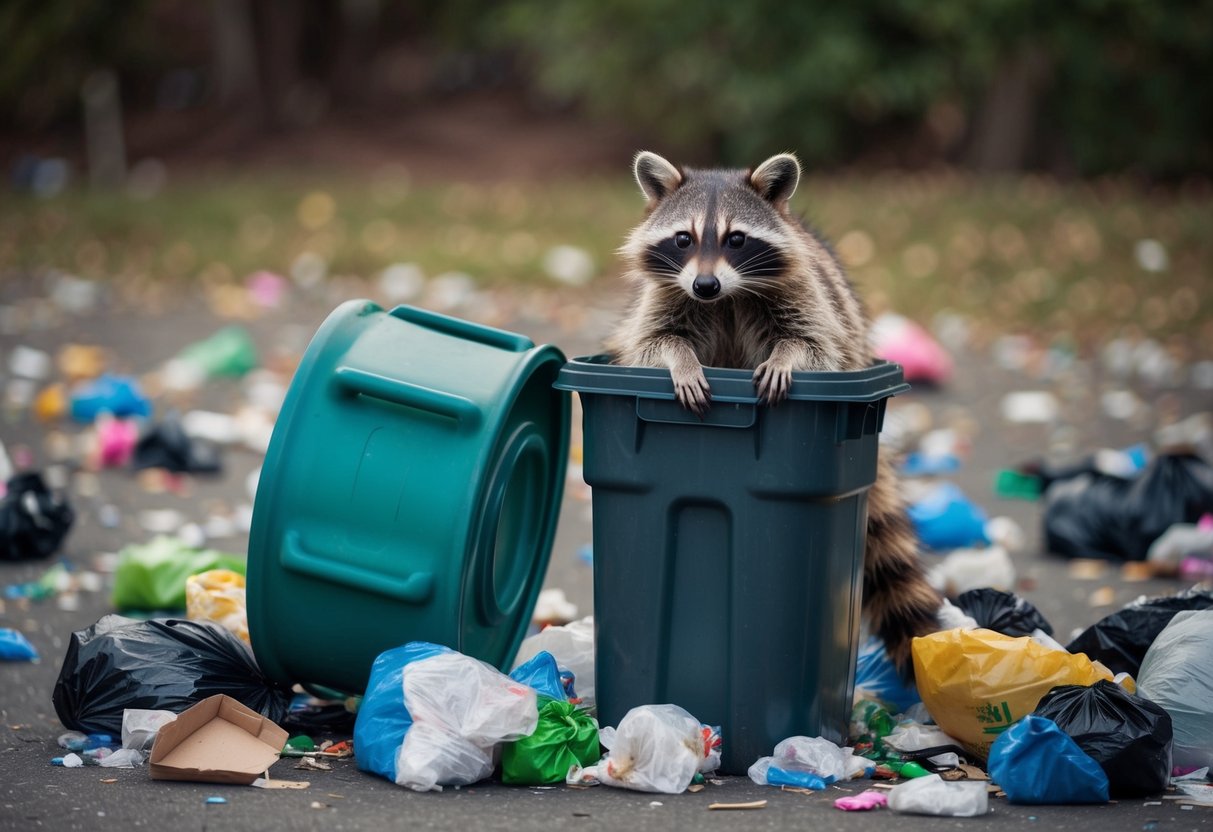A raccoon peers out from a trash can, surrounded by scattered garbage and a toppled over container