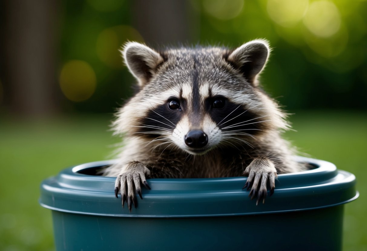 A raccoon peeking out from behind a trash can, with a sly expression and a mischievous glint in its eyes