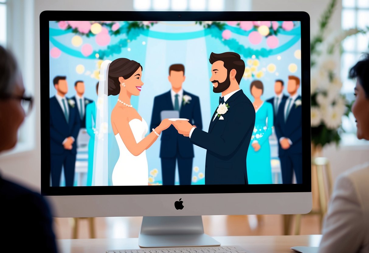 A computer screen displaying a virtual wedding ceremony with two avatars exchanging vows, surrounded by digital decorations and witnesses