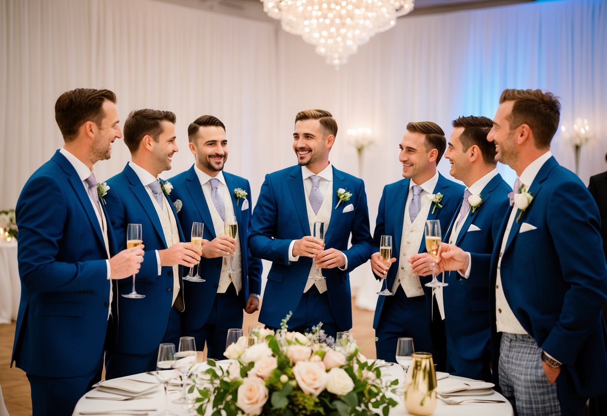 A group of well-dressed men stand together, chatting and laughing, while holding glasses of champagne at a wedding reception