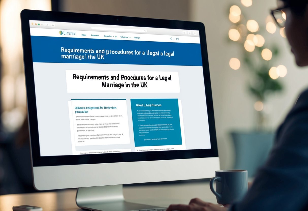 A computer screen displaying a webpage titled "Requirements and Procedures for a Legal Marriage in the UK." The screen shows information about online marriages and their legality