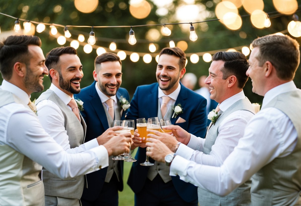 Groomsmen celebrating at a pre-wedding event, laughing and toasting with drinks
