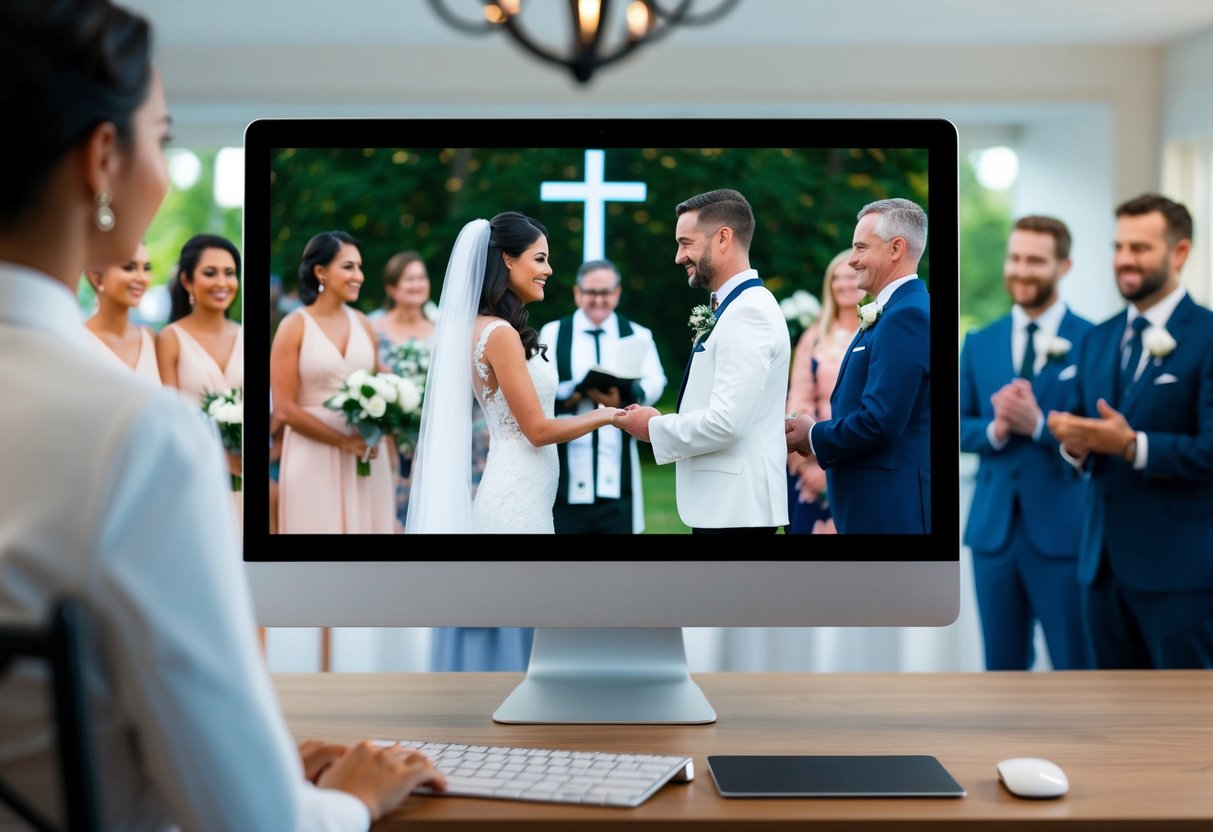 A computer screen displaying a virtual wedding ceremony with a couple exchanging vows, overseen by an officiant and witnessed by virtual guests