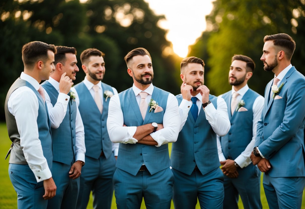 A group of groomsmen standing together, some interacting with each other while others appear lost in thought