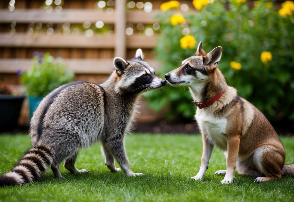 A raccoon and a dog playfully sniff each other in a backyard garden
