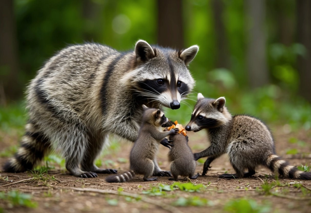 A raccoon peacefully sharing food with a group of smaller animals in a forest clearing