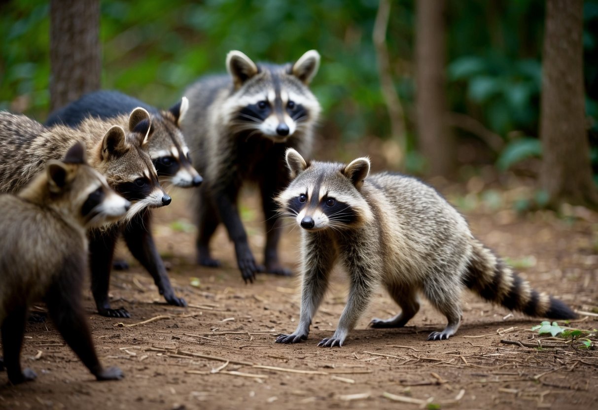 A raccoon cautiously approaches a group of other animals in a wooded area, while the animals display varying levels of curiosity and wariness towards the raccoon