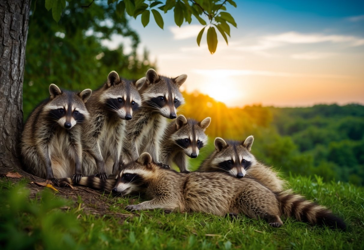 A family of raccoons mourns beside a fallen member, surrounded by lush forest and a setting sun