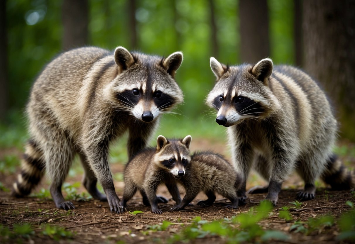 A raccoon family in a forest, with a mother caring for her young, playing, foraging, and eventually growing old before passing away