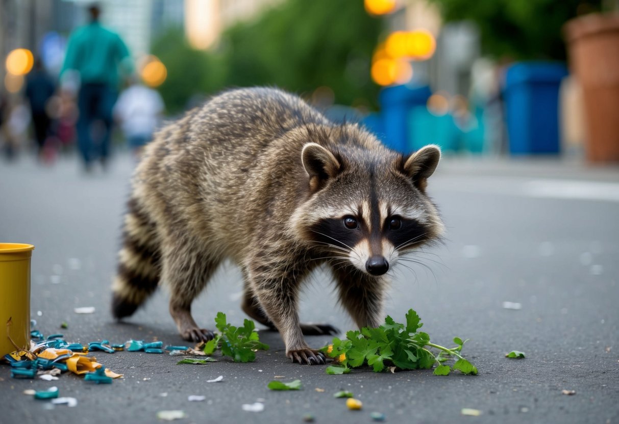 A raccoon struggles to find food in a polluted urban area, facing competition and danger from human development and predators
