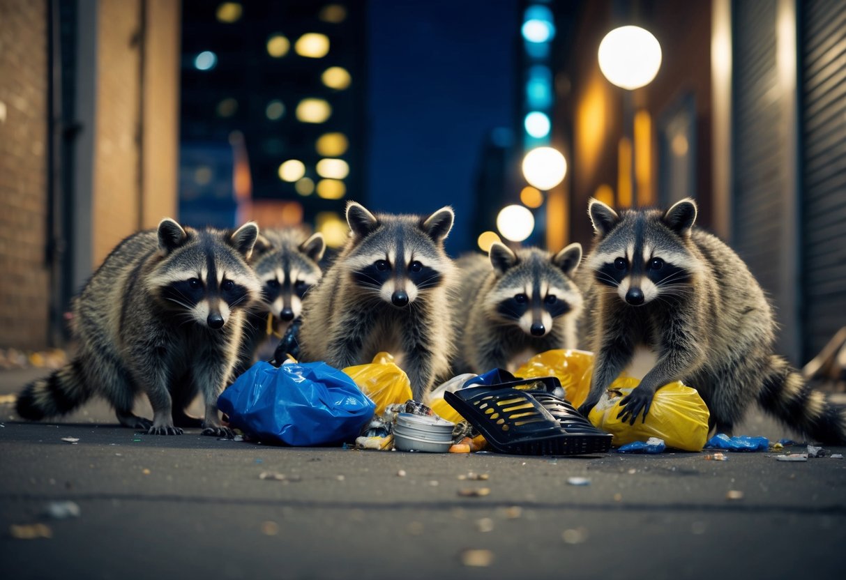 A group of raccoons scavenging through trash in a city alley at night, with tall buildings and streetlights in the background