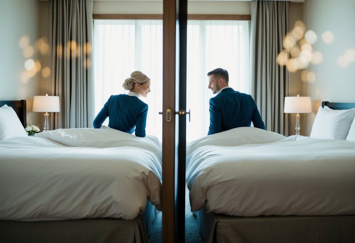 A bride and groom in separate beds, with a symbolic barrier between them, such as a closed door or a visible divide in the room
