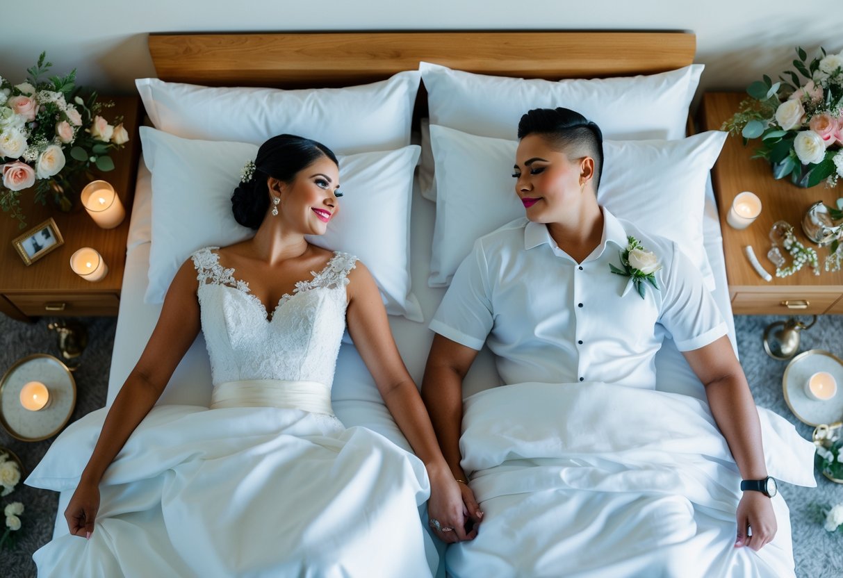A bride and groom in separate beds, surrounded by traditional wedding eve items such as flowers, candles, and family heirlooms
