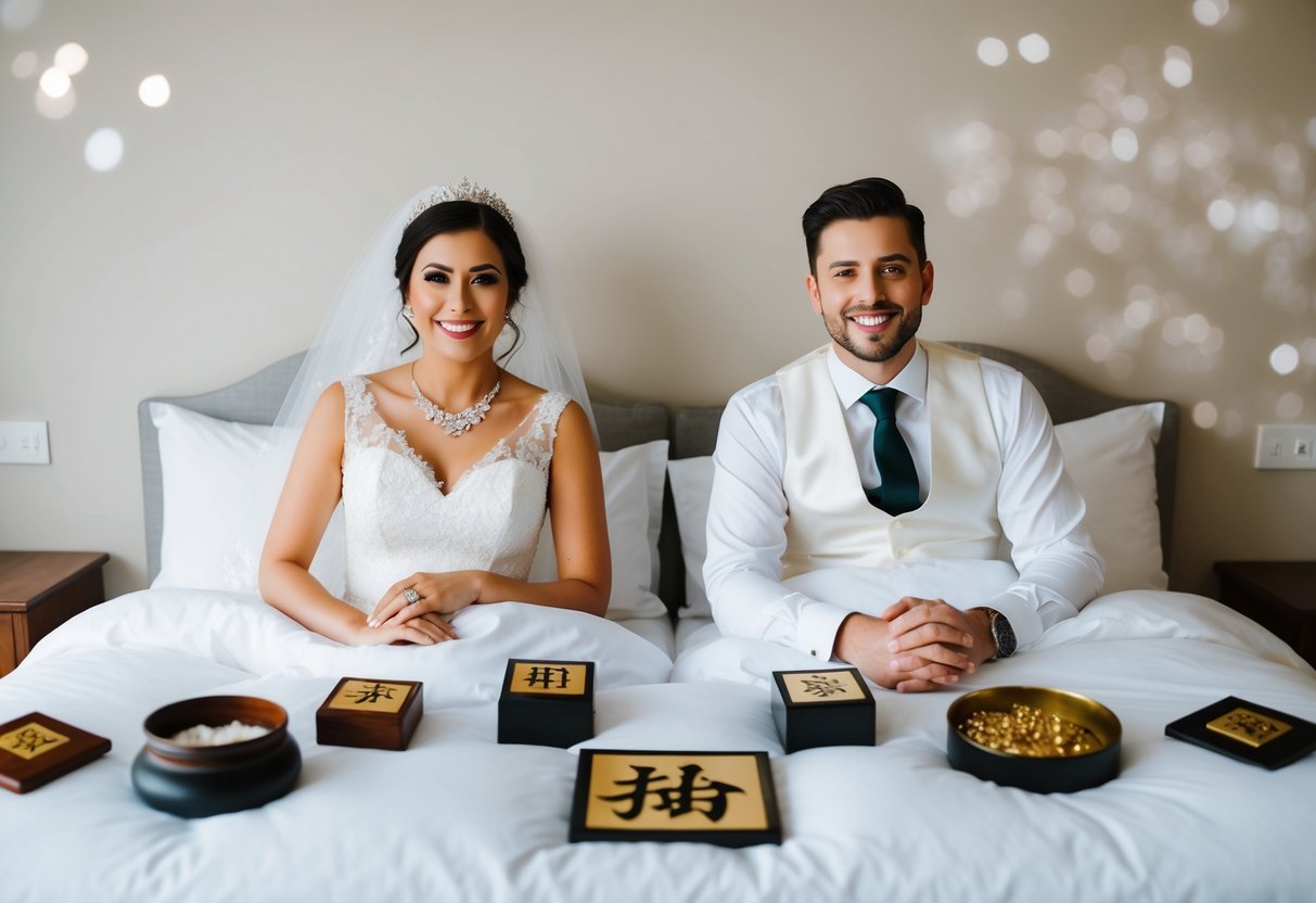 A bride and groom in separate beds, surrounded by symbolic objects to ward off bad luck