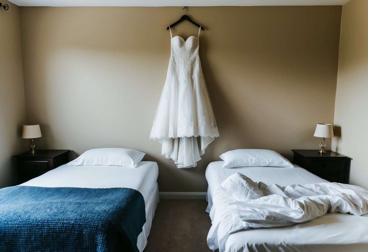 A cozy bedroom with two separate beds, one neatly made and the other slightly rumpled, with a wedding dress hanging in the background