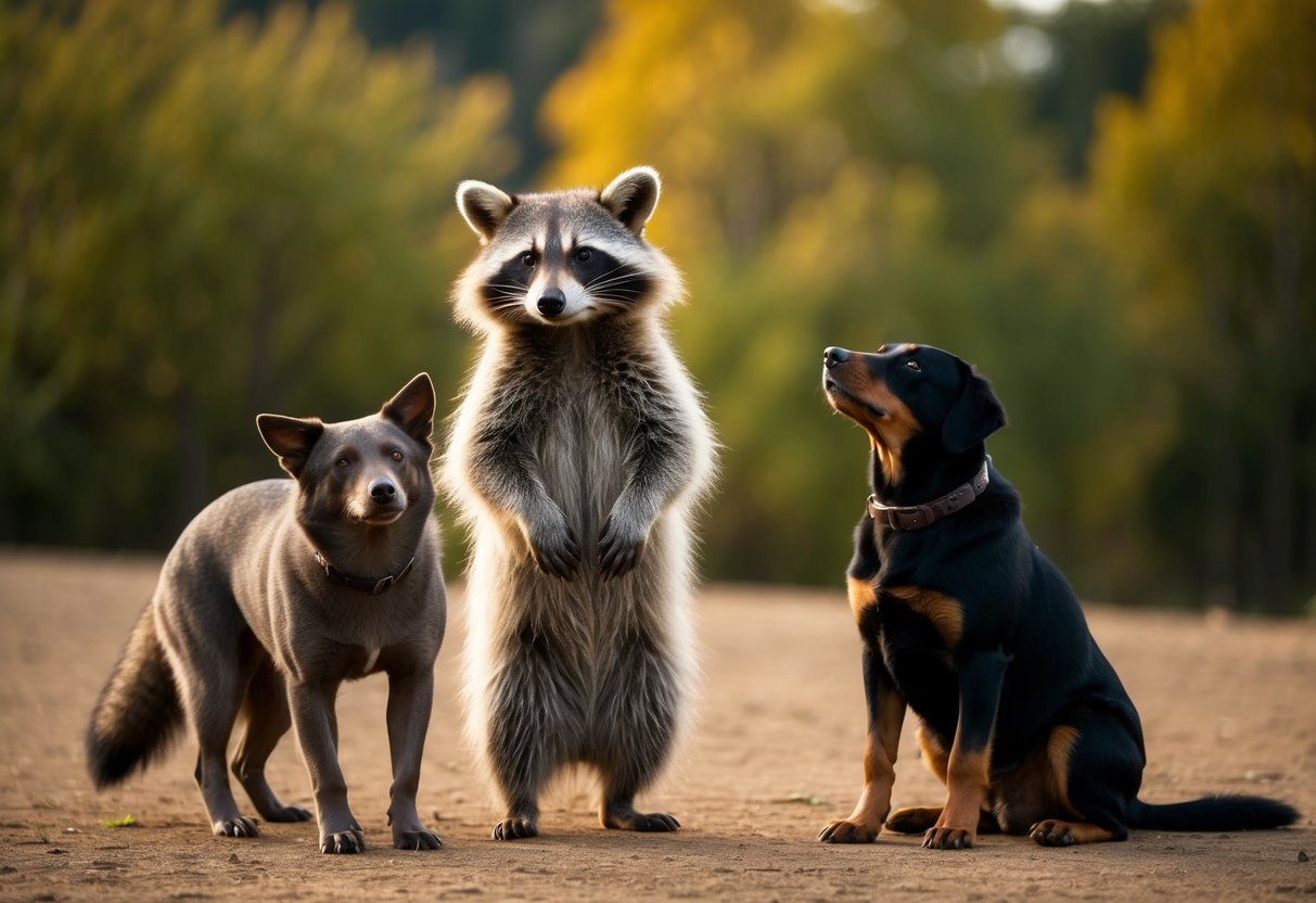 A raccoon and a bear stand side by side, while a dog sits nearby, looking up at them