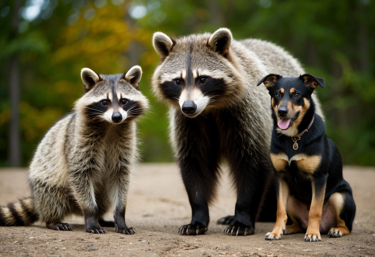 A raccoon and a bear stand side by side, showcasing their physical differences in size and fur color. A dog sits nearby, displaying its own distinct features