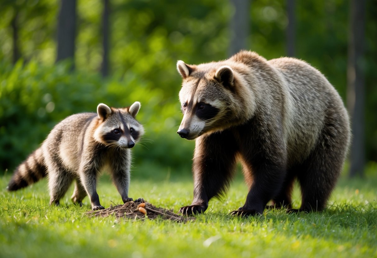 A raccoon and a bear stand side by side, both foraging for food in a lush forest setting