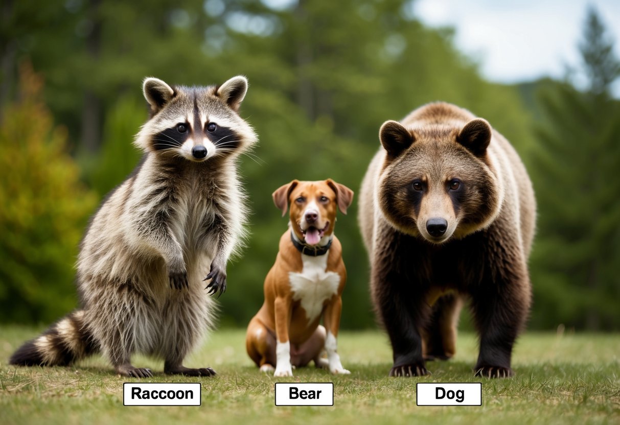 A raccoon and a bear stand side by side, while a dog sits nearby. Each animal is labeled with its respective taxonomic classification