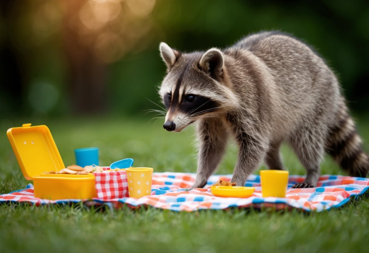 A raccoon cautiously approaches a small child's abandoned picnic, sniffing the air for any remaining scraps of food