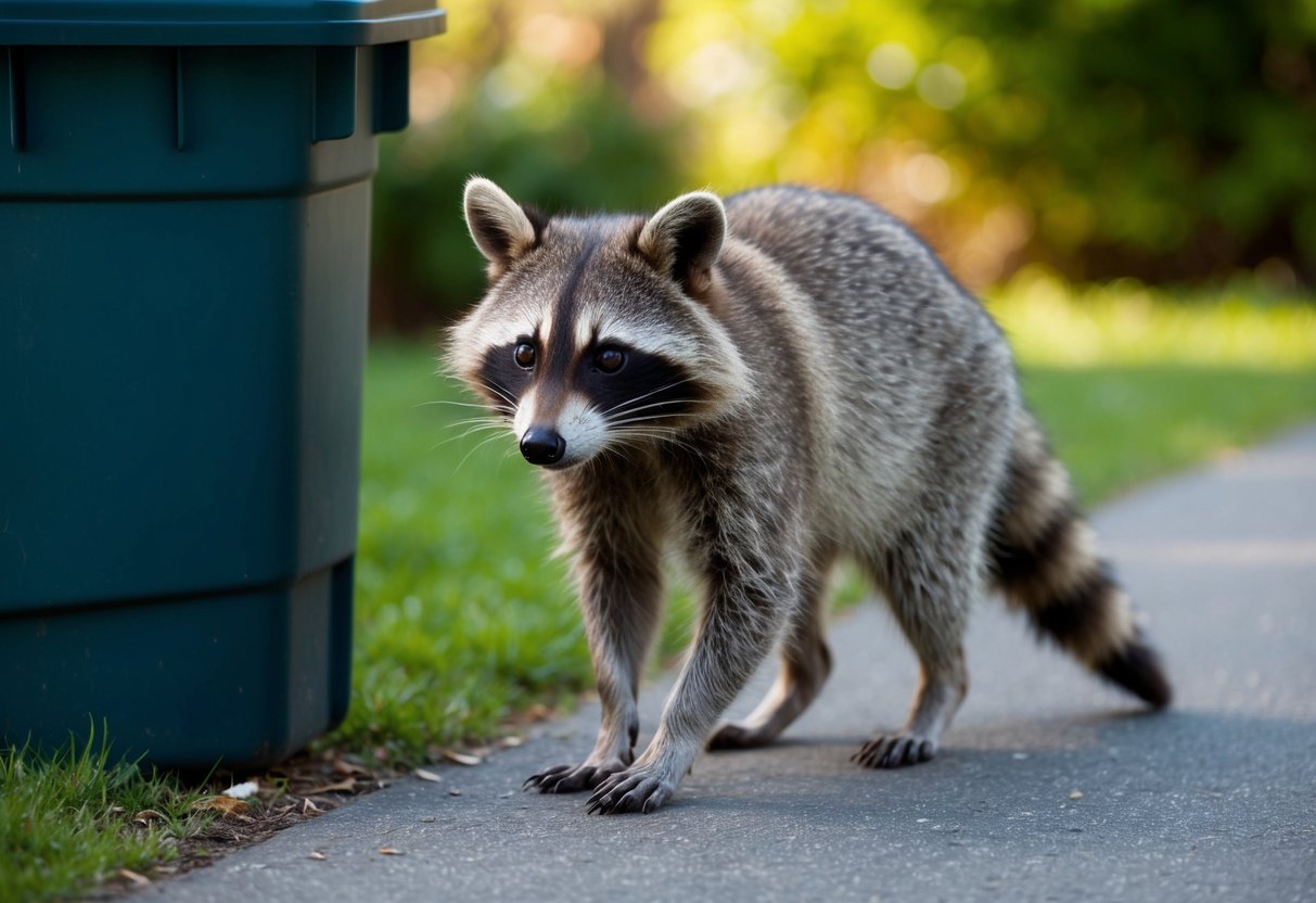 A raccoon cautiously approaches a trash can, sniffing the air for food. Its eyes dart around, alert and curious