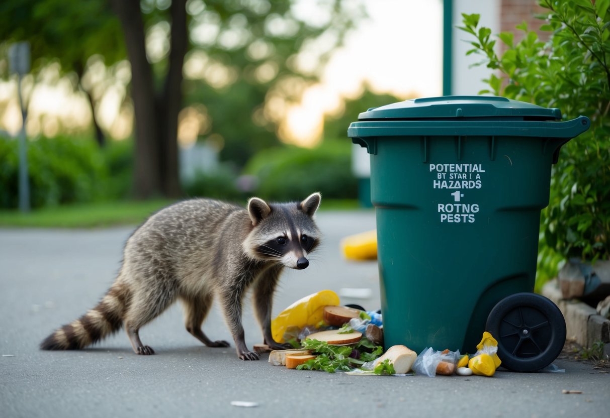 A raccoon stands near a trash can, surrounded by potential health hazards like rotting food and pests
