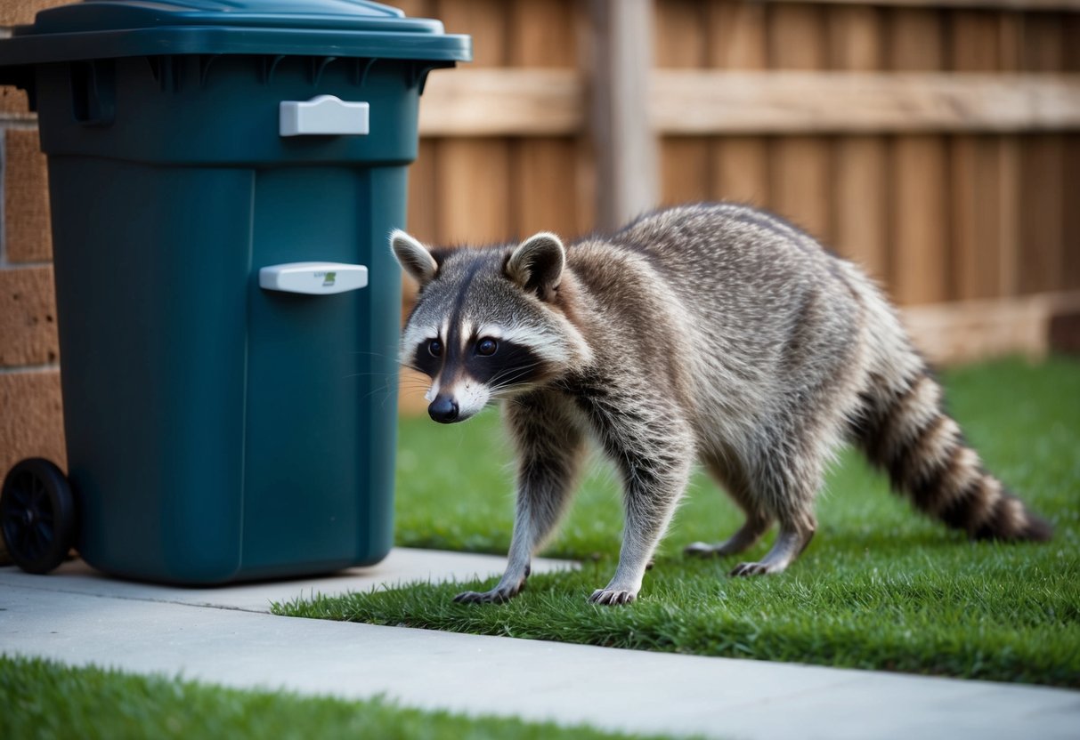 A raccoon cautiously approaches a secured trash can, while a homeowner sets up a motion-activated deterrent