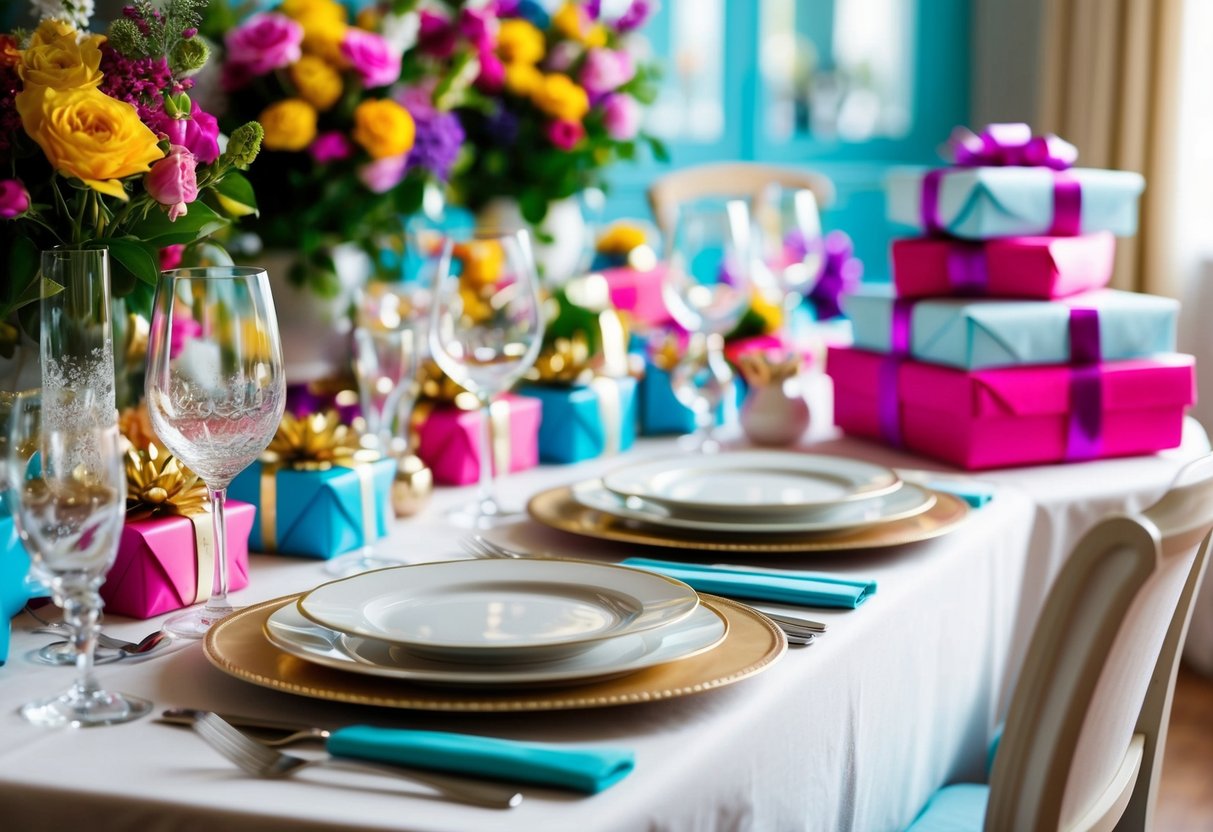 A table set with elegant dinnerware, surrounded by colorful decorations and flowers. Gifts wrapped in pretty paper are stacked on a nearby table