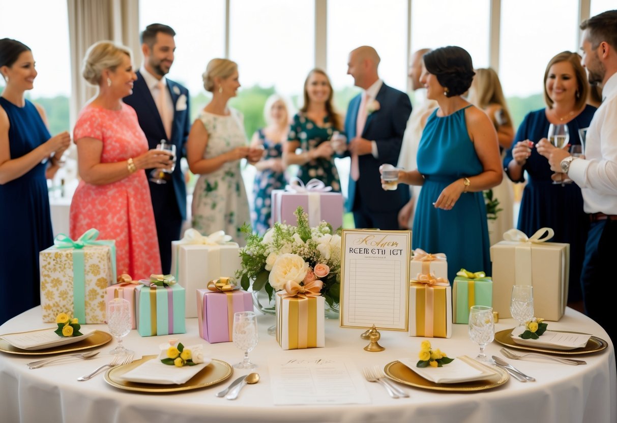 A table set with various gift items, a registry list, and guests mingling at a wedding shower