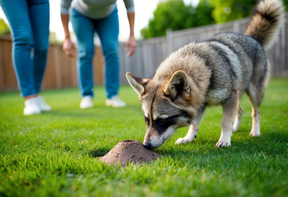 A dog sniffing raccoon poop in a backyard, with a concerned owner looking on