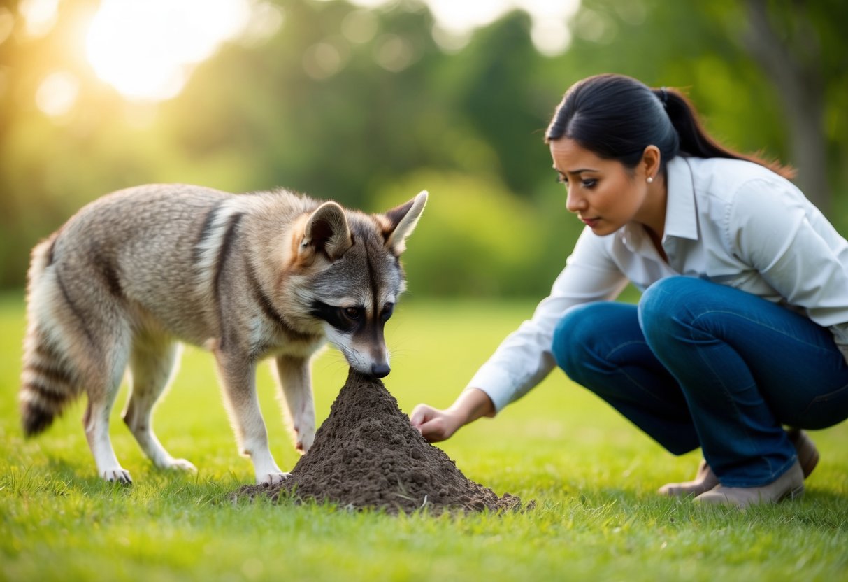 A dog sniffing raccoon poop with caution, while a concerned owner looks on