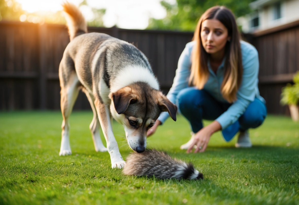 A dog sniffing at raccoon poop in the backyard, while the owner looks on with concern