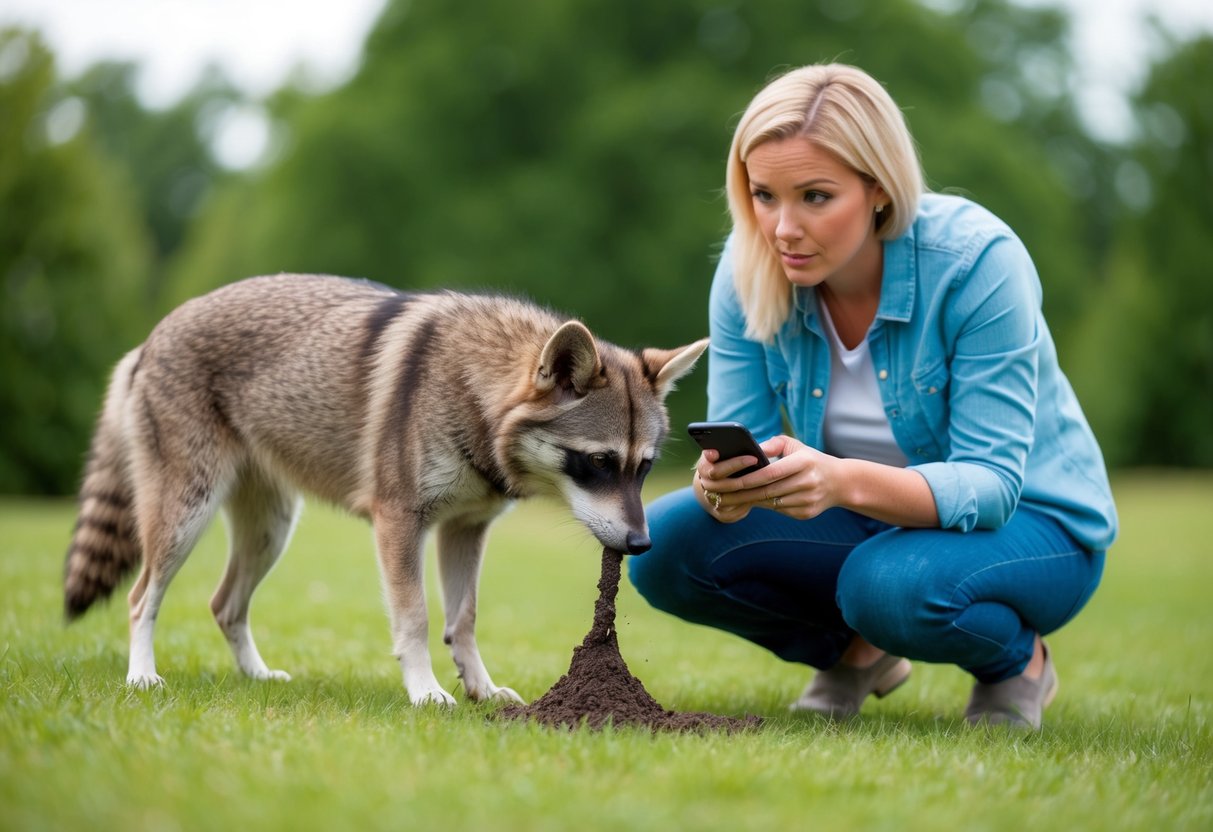 A dog sniffing raccoon poop while the concerned owner looks on, holding a phone